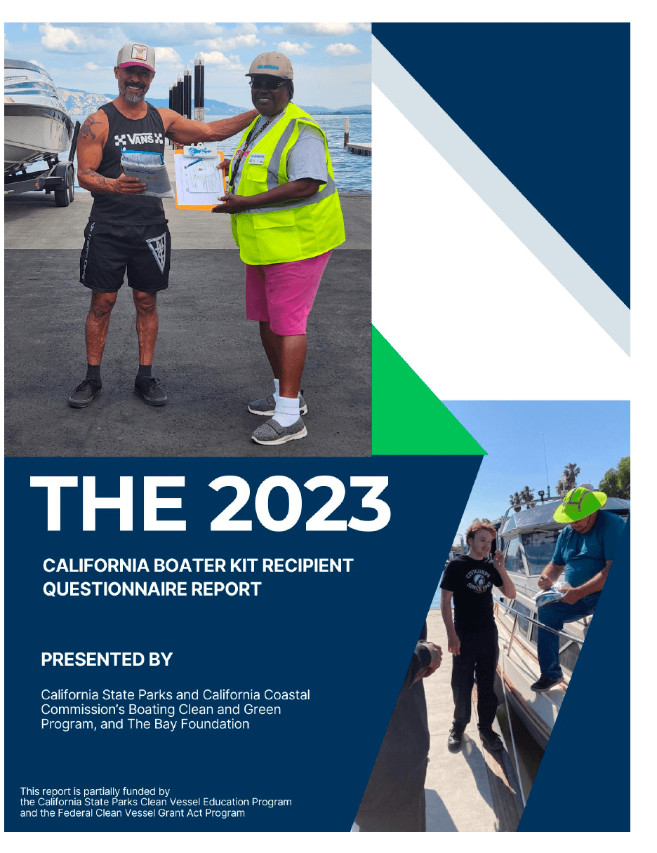 A dockwalker engaging a recreational boater with the Clean Boating Questionnaire. Displays text reading "the 2023 California Boater Kit Recipient Questionnaire Report"