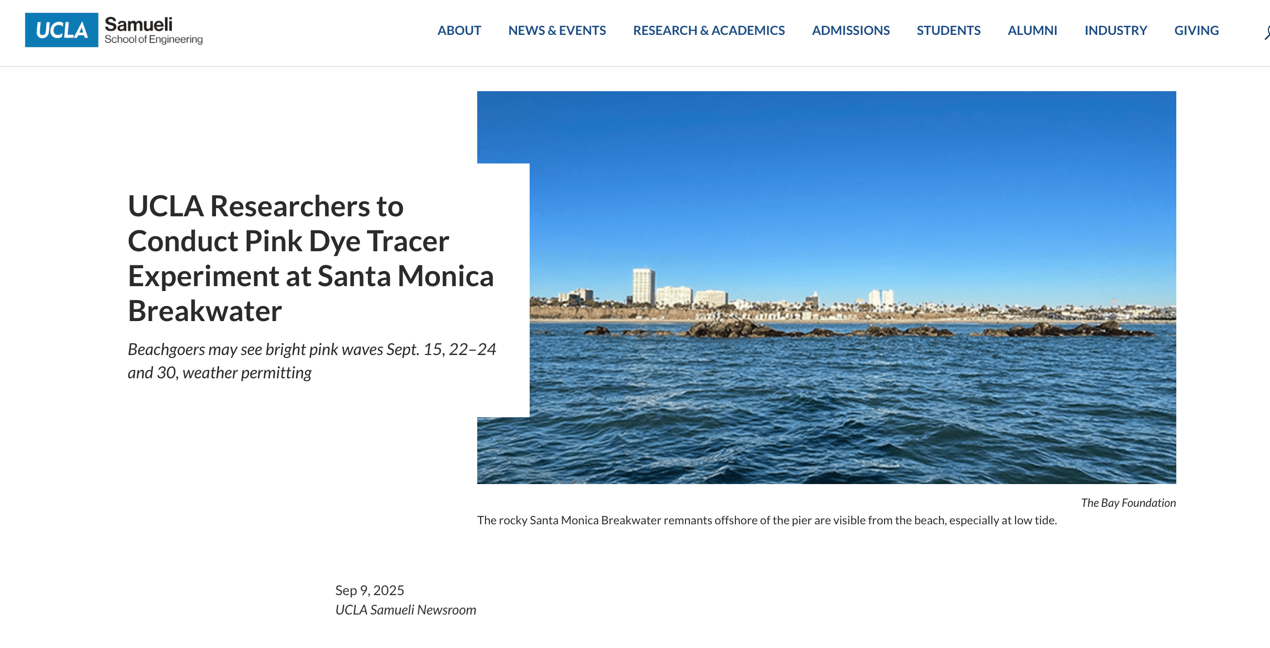 UCLA Samueli School of Engineering website with breakwater image display by The Bay Foundation