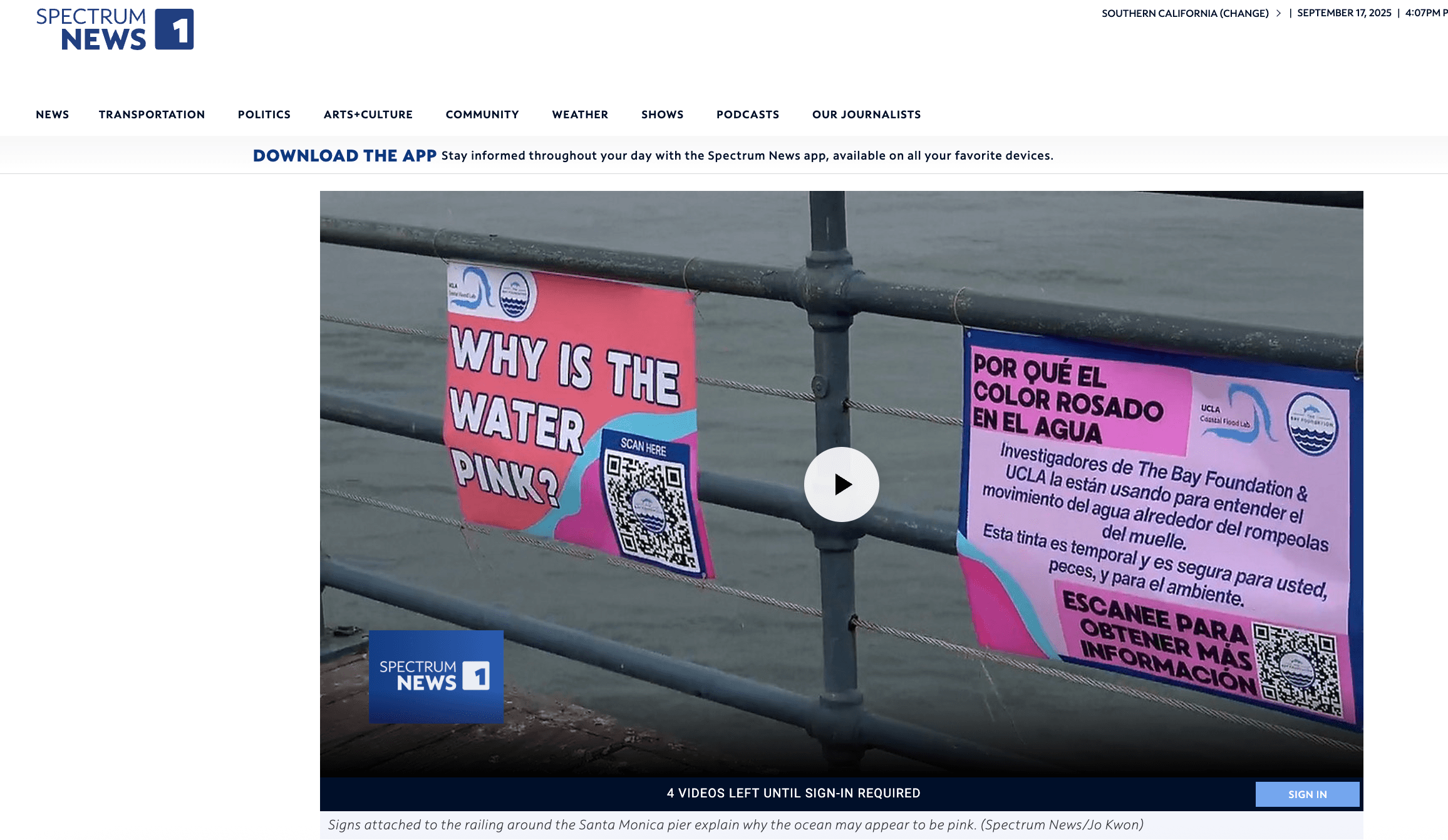 Spectrum News webpage with video screenshot displayed of ocean by pier
