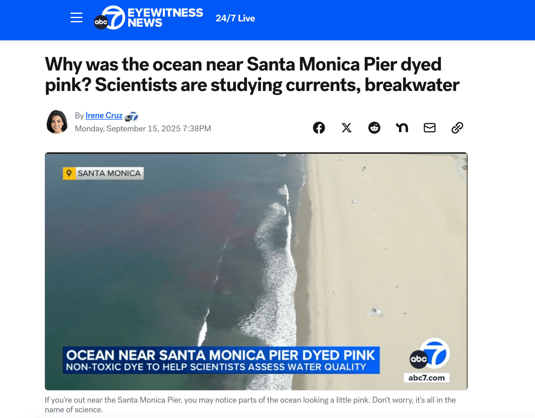 ABC 7 website with video player showing aerial footage of pink dye
