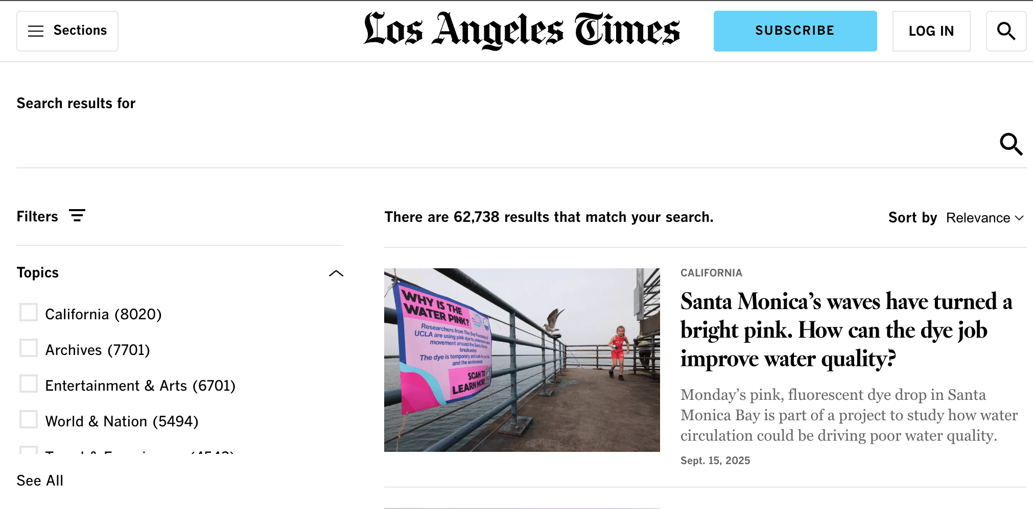 LA Times home page displaying article with a picture of sign saying 'why is the water pink'