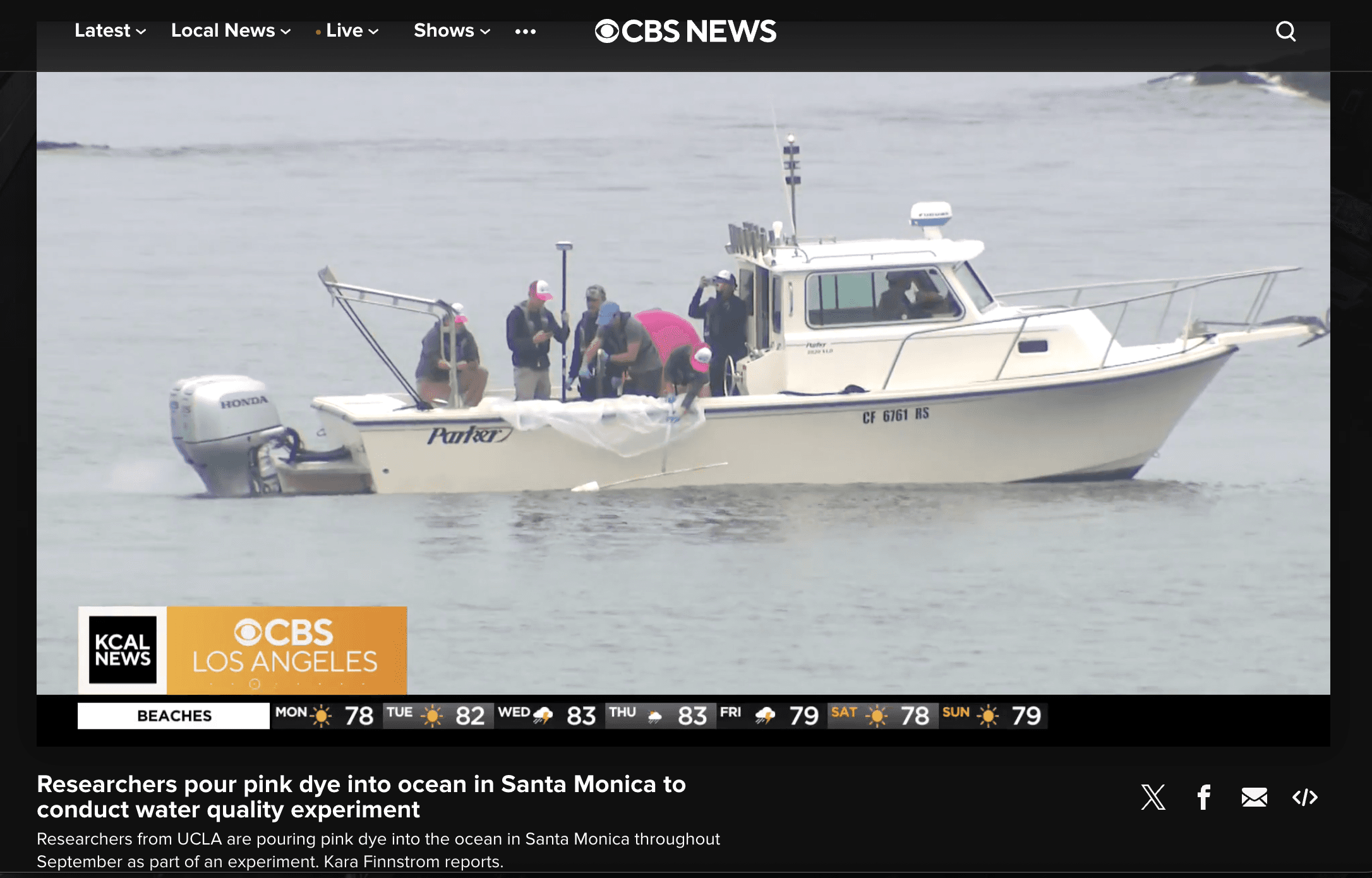 CBS News webpage with TBF research boat displayed out on Santa Monica Bay running dye release experiment