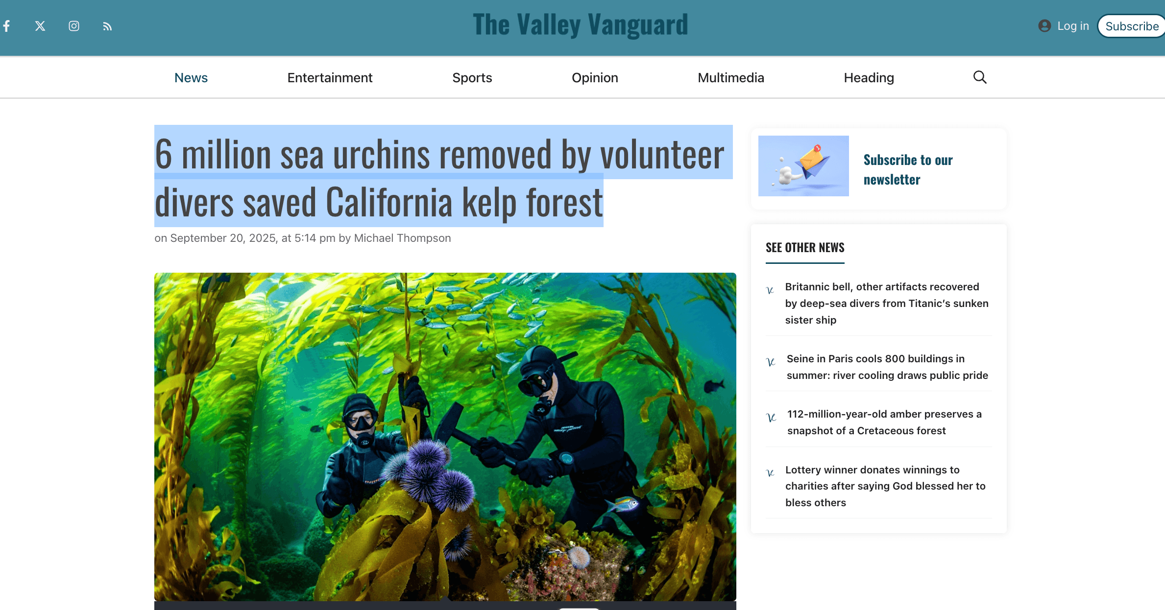 Valley Vanguard Online article display with kelp forest image