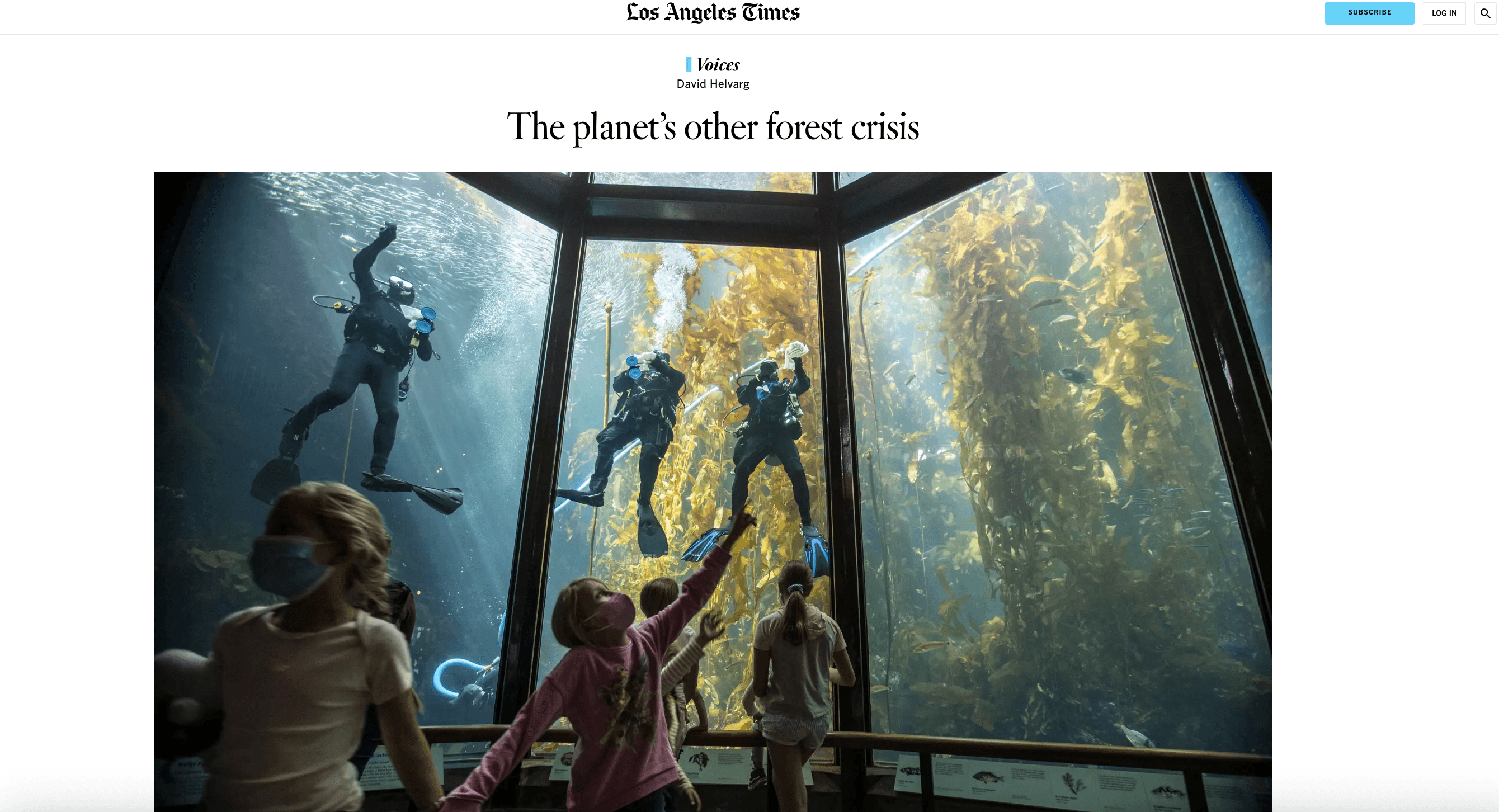 LA Times article page displaying an aquarium exhibit with SCUBA divers + kelp