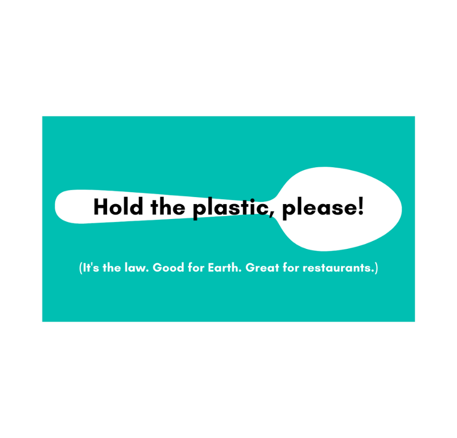 "Hold the plastic pleace" info card displayed with teal background a spoon