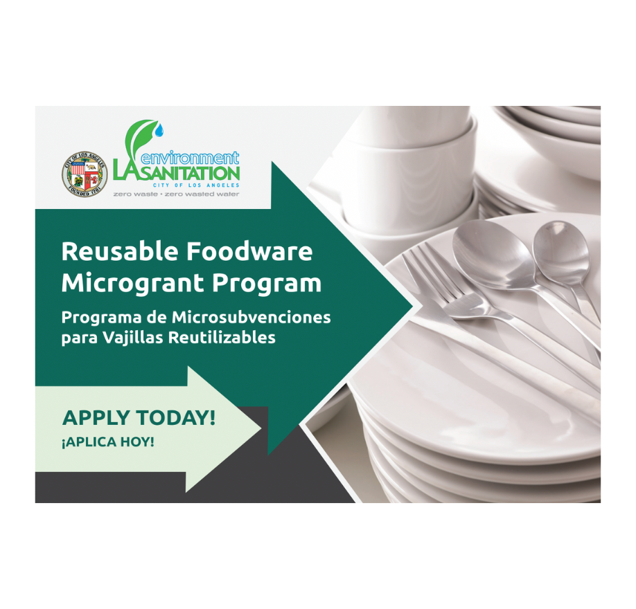 City of Los Angeles Reusable Foodware Microgran Program postcard displaying reusable utensils and plate stating "Apply today!"